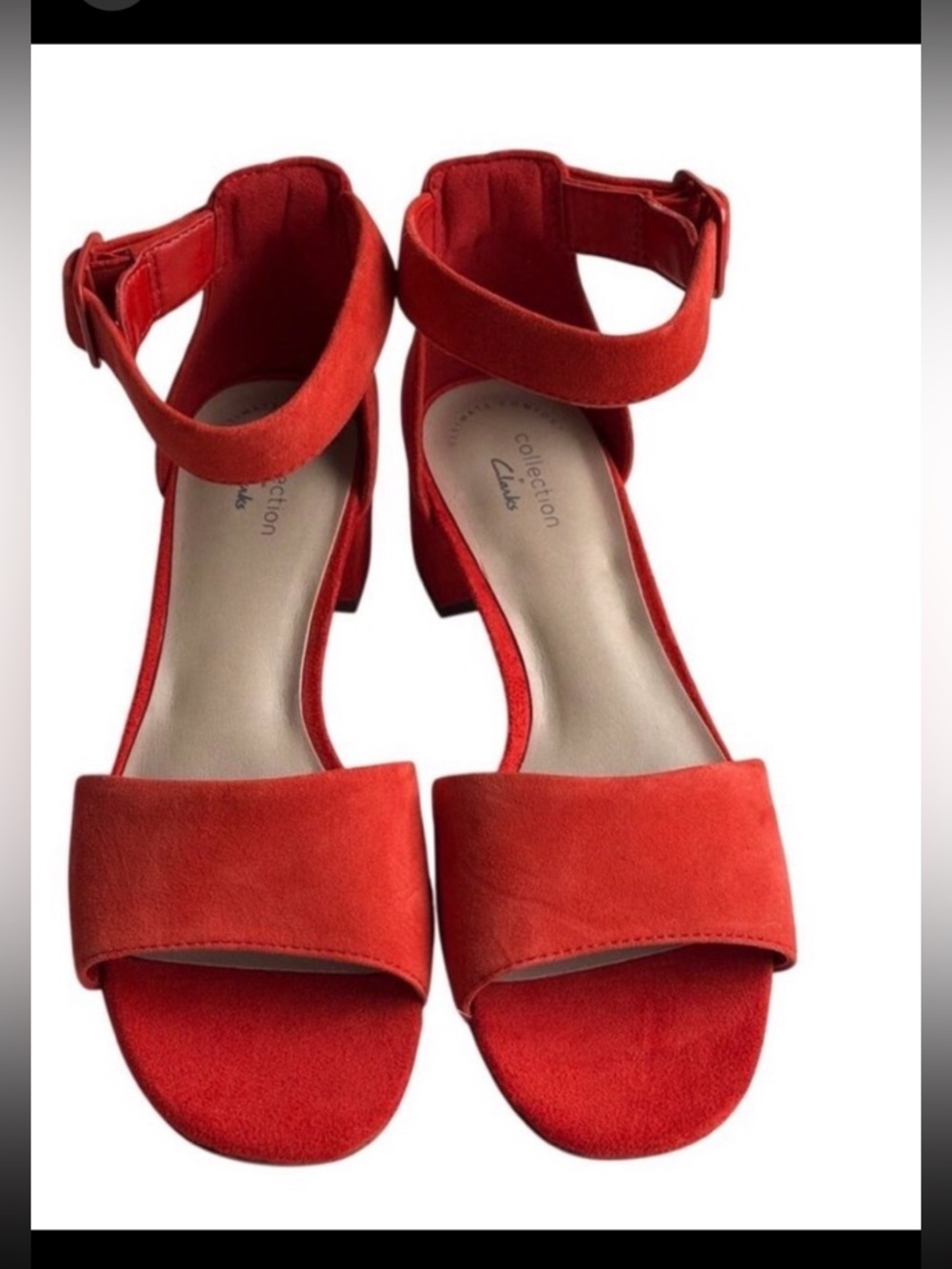 CLARKS - Red Suede Block Heel Sandals